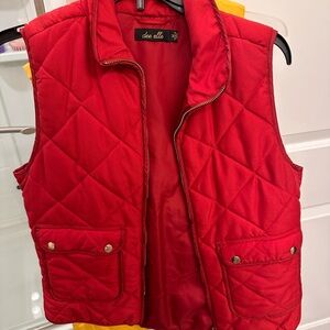 dee elle Bright Red Quilted Vest with Snap Pockets